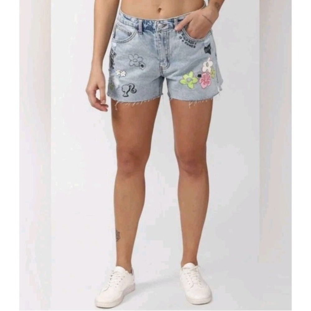 Forever 21 Barbie Denim Cut Off Shorts Size 28 Flowers Hearts Kindness Is Power